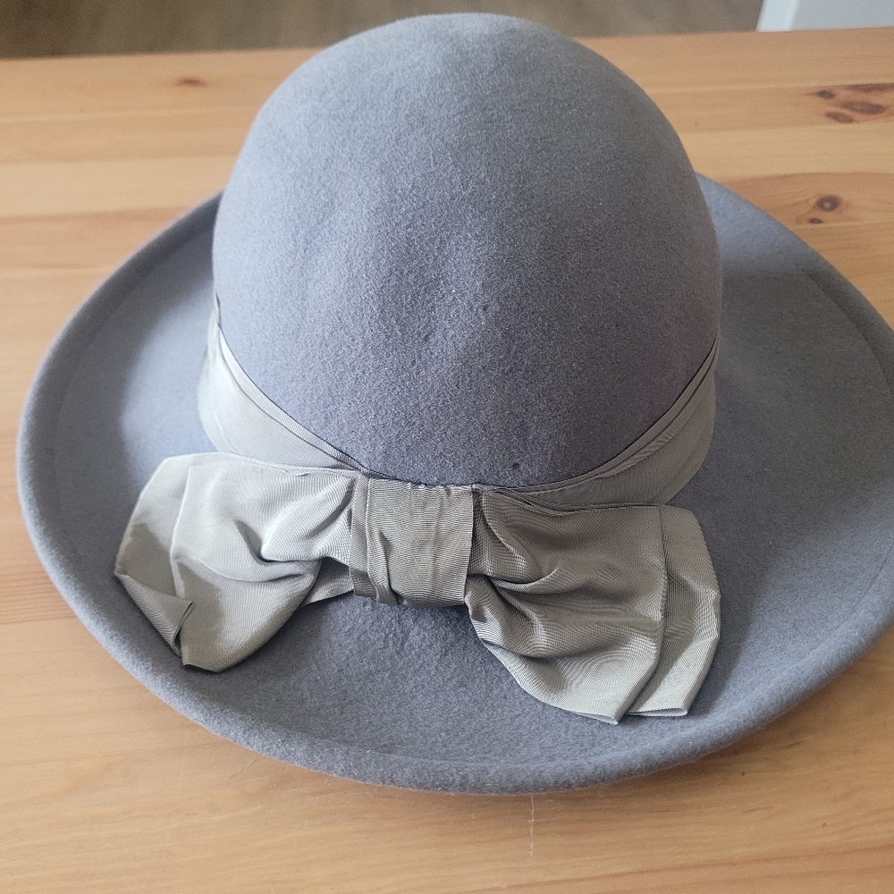 BEMTAR 100% WOOL GREY DRESS VINTAGE HAT WITH BOW BOHO CHIC